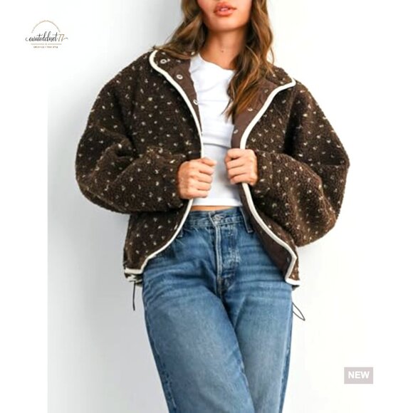 Women's Fleece Jacket Button Down Lapel Collar Sherpa Quilted Outerwear - Picture 5 of 7